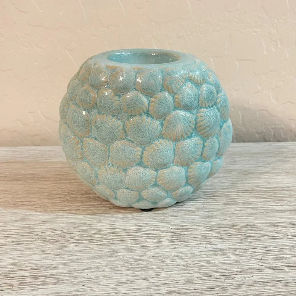 Sanibel Home Blue Sea Shell Candle Holder Votive Ocean Beach Coastal Ceramic